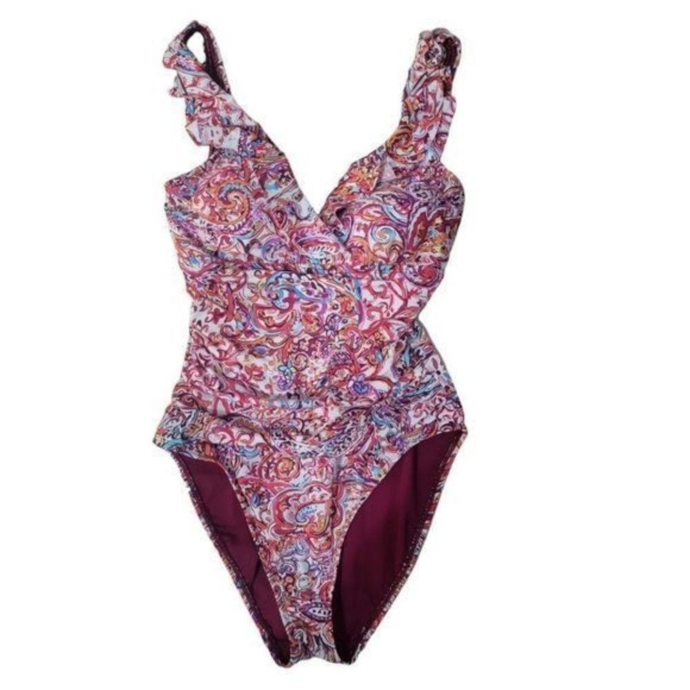 Lauren Ralph Lauren Floral one piece swimsuit ruffle v-neck colorful pink size 6